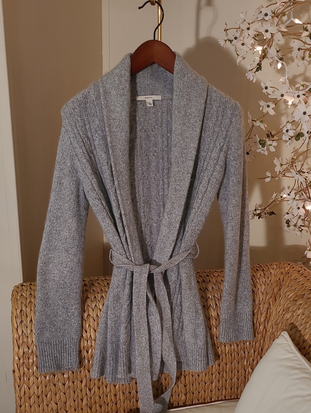 Merona Wool Blend Light Gray Shawl Collar Belted Cardigan